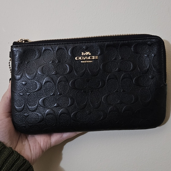 F87934 Coach Double Zip Wallet In Signature Black Leather - Picture 1 of 14